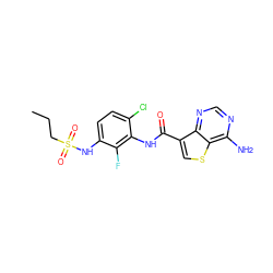 CCCS(=O)(=O)Nc1ccc(Cl)c(NC(=O)c2csc3c(N)ncnc23)c1F ZINC000084669480