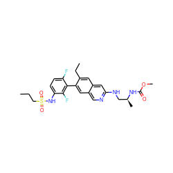 CCCS(=O)(=O)Nc1ccc(F)c(-c2cc3cnc(NC[C@H](C)NC(=O)OC)cc3cc2CC)c1F ZINC000210469532