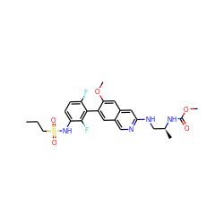 CCCS(=O)(=O)Nc1ccc(F)c(-c2cc3cnc(NC[C@H](C)NC(=O)OC)cc3cc2OC)c1F ZINC000210465795