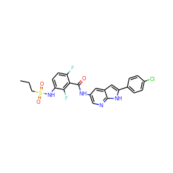 CCCS(=O)(=O)Nc1ccc(F)c(C(=O)Nc2cnc3[nH]c(-c4ccc(Cl)cc4)cc3c2)c1F ZINC000096937599