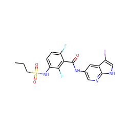 CCCS(=O)(=O)Nc1ccc(F)c(C(=O)Nc2cnc3[nH]cc(I)c3c2)c1F ZINC000072180709