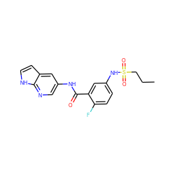 CCCS(=O)(=O)Nc1ccc(F)c(C(=O)Nc2cnc3[nH]ccc3c2)c1 ZINC000072180449