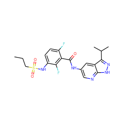 CCCS(=O)(=O)Nc1ccc(F)c(C(=O)Nc2cnc3[nH]nc(C(C)C)c3c2)c1F ZINC000073222153