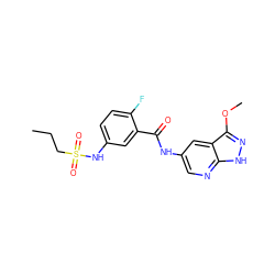 CCCS(=O)(=O)Nc1ccc(F)c(C(=O)Nc2cnc3[nH]nc(OC)c3c2)c1 ZINC000072178913