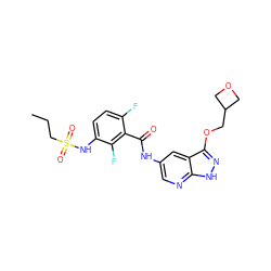 CCCS(=O)(=O)Nc1ccc(F)c(C(=O)Nc2cnc3[nH]nc(OCC4COC4)c3c2)c1F ZINC000072180055