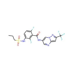 CCCS(=O)(=O)Nc1ccc(F)c(C(=O)Nc2cnc3cc(C(F)(F)F)nn3c2)c1F ZINC000084652941