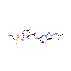 CCCS(=O)(=O)Nc1ccc(F)c(C(=O)Nc2cnc3cc(NC(C)C)nn3c2)c1F ZINC000084652943