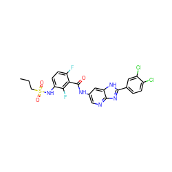 CCCS(=O)(=O)Nc1ccc(F)c(C(=O)Nc2cnc3nc(-c4ccc(Cl)c(Cl)c4)[nH]c3c2)c1F ZINC000096937593