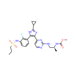CCCS(=O)(=O)Nc1cccc(-c2[nH]c(C3CC3)nc2-c2ccnc(NC[C@H](C)NC(=O)OC)n2)c1F ZINC000169694696