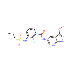 CCCS(=O)(=O)Nc1cccc(C(=O)Nc2cnc3[nH]nc(OC)c3c2)c1F ZINC000072181121