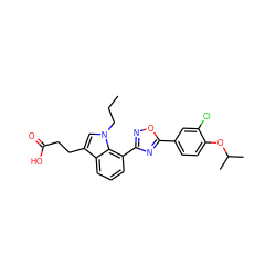 CCCn1cc(CCC(=O)O)c2cccc(-c3noc(-c4ccc(OC(C)C)c(Cl)c4)n3)c21 ZINC000084586802