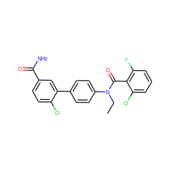 CCN(C(=O)c1c(F)cccc1Cl)c1ccc(-c2cc(C(N)=O)ccc2Cl)cc1 ZINC000221914504