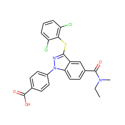 CCN(C)C(=O)c1ccc2c(c1)c(Sc1c(Cl)cccc1Cl)nn2-c1ccc(C(=O)O)cc1 ZINC001772654630