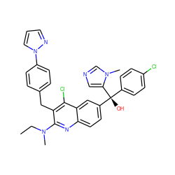 CCN(C)c1nc2ccc([C@@](O)(c3ccc(Cl)cc3)c3cncn3C)cc2c(Cl)c1Cc1ccc(-n2cccn2)cc1 ZINC000219574978