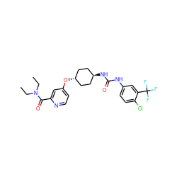 CCN(CC)C(=O)c1cc(O[C@H]2CC[C@H](NC(=O)Nc3ccc(Cl)c(C(F)(F)F)c3)CC2)ccn1 ZINC000261125236