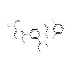 CCN(CC)c1cc(-c2cc(C(N)=O)ccc2Cl)ccc1N(C)C(=O)c1c(F)cccc1Cl ZINC000473247203