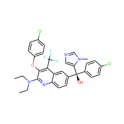 CCN(CC)c1nc2ccc([C@@](O)(c3ccc(Cl)cc3)c3cncn3C)cc2c(C(F)(F)F)c1Oc1ccc(Cl)cc1 ZINC000219801680