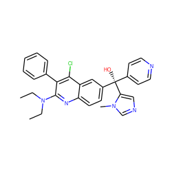 CCN(CC)c1nc2ccc([C@@](O)(c3ccncc3)c3cncn3C)cc2c(Cl)c1-c1ccccc1 ZINC000217341783