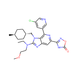 CCN(CCOC)c1nc2cc(-c3noc(=O)[nH]3)nc(-c3cncc(Cl)c3)c2n1C[C@H]1CC[C@H](C)CC1 ZINC000261126915