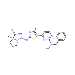 CCN(Cc1ccccc1)c1nccc(-c2sc(NC(=O)N3CCC[C@@]3(C)C(N)=O)nc2C)n1 ZINC000098196413