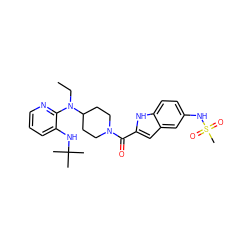 CCN(c1ncccc1NC(C)(C)C)C1CCN(C(=O)c2cc3cc(NS(C)(=O)=O)ccc3[nH]2)CC1 ZINC000013758764