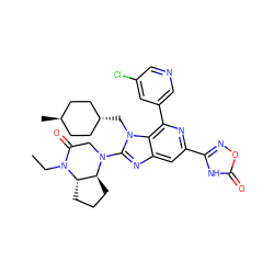 CCN1C(=O)CN(c2nc3cc(-c4noc(=O)[nH]4)nc(-c4cncc(Cl)c4)c3n2C[C@H]2CC[C@H](C)CC2)[C@H]2CCC[C@@H]21 ZINC001772628816