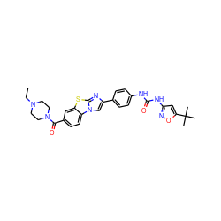 CCN1CCN(C(=O)c2ccc3c(c2)sc2nc(-c4ccc(NC(=O)Nc5cc(C(C)(C)C)on5)cc4)cn23)CC1 ZINC000049709274