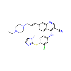 CCN1CCN(C/C=C/c2ccc3c(Nc4ccc(Sc5nccn5C)c(Cl)c4)c(C#N)cnc3c2)CC1 ZINC000042878765