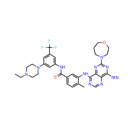 CCN1CCN(c2cc(NC(=O)c3ccc(C)c(Nc4ncnc5c(N)nc(N6CCCOCC6)nc45)c3)cc(C(F)(F)F)c2)CC1 ZINC000165256971