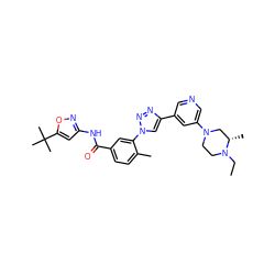 CCN1CCN(c2cncc(-c3cn(-c4cc(C(=O)Nc5cc(C(C)(C)C)on5)ccc4C)nn3)c2)C[C@@H]1C ZINC000199372067