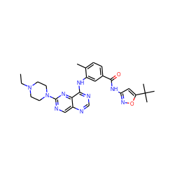 CCN1CCN(c2ncc3ncnc(Nc4cc(C(=O)Nc5cc(C(C)(C)C)on5)ccc4C)c3n2)CC1 ZINC000148321905