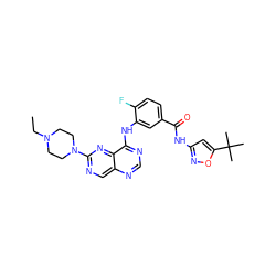 CCN1CCN(c2ncc3ncnc(Nc4cc(C(=O)Nc5cc(C(C)(C)C)on5)ccc4F)c3n2)CC1 ZINC000148276558