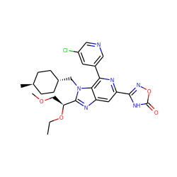 CCO[C@@H](COC)c1nc2cc(-c3noc(=O)[nH]3)nc(-c3cncc(Cl)c3)c2n1C[C@H]1CC[C@H](C)CC1 ZINC000261142573