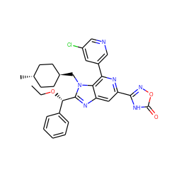CCO[C@@H](c1ccccc1)c1nc2cc(-c3noc(=O)[nH]3)nc(-c3cncc(Cl)c3)c2n1C[C@H]1CC[C@H](C)CC1 ZINC000261183789