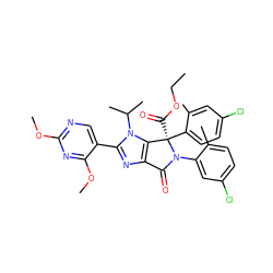 CCOC(=O)[C@@]1(c2ccc(Cl)cc2C)c2c(nc(-c3cnc(OC)nc3OC)n2C(C)C)C(=O)N1c1cc(Cl)ccc1C ZINC000169705577