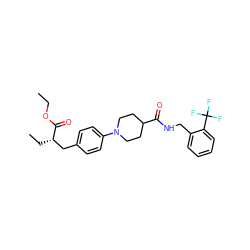 CCOC(=O)[C@@H](CC)Cc1ccc(N2CCC(C(=O)NCc3ccccc3C(F)(F)F)CC2)cc1 ZINC000653903394