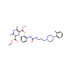 CCOC(=O)C1C(C)=NC(C)=C(C(=O)OC)[C@@H]1c1cccc(NC(=O)NCCCN2CCN(c3ccccc3C)CC2)c1 ZINC000027298343