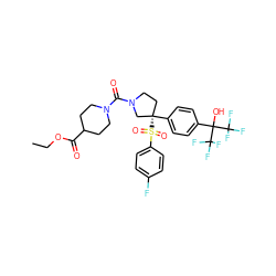 CCOC(=O)C1CCN(C(=O)N2CC[C@](c3ccc(C(O)(C(F)(F)F)C(F)(F)F)cc3)(S(=O)(=O)c3ccc(F)cc3)C2)CC1 ZINC001772652860