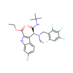 CCOC(=O)c1[nH]c2cc(Cl)ccc2c1[C@@H](C(=O)NC(C)(C)C)N(C=O)Cc1c(F)cc(F)c(F)c1F ZINC000224789724
