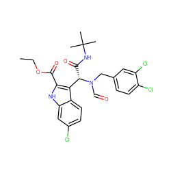 CCOC(=O)c1[nH]c2cc(Cl)ccc2c1[C@H](C(=O)NC(C)(C)C)N(C=O)Cc1ccc(Cl)c(Cl)c1 ZINC000113885526