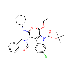 CCOC(=O)c1c([C@H](C(=O)NC2CCCCC2)N(C=O)Cc2ccccc2)c2ccc(Cl)cc2n1C(=O)OC(C)(C)C ZINC000113881003