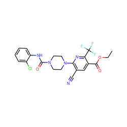 CCOC(=O)c1cc(C#N)c(N2CCN(C(=O)Nc3ccccc3Cl)CC2)nc1C(F)(F)F ZINC000071294205