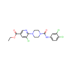 CCOC(=O)c1cnc(N2CCN(C(=O)Nc3ccc(Cl)c(Cl)c3)CC2)c(Cl)c1 ZINC000071647671