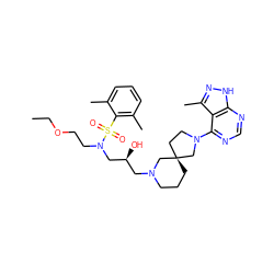 CCOCCN(C[C@@H](O)CN1CCC[C@]2(CCN(c3ncnc4[nH]nc(C)c34)C2)C1)S(=O)(=O)c1c(C)cccc1C ZINC000071296471