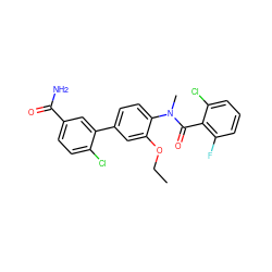 CCOc1cc(-c2cc(C(N)=O)ccc2Cl)ccc1N(C)C(=O)c1c(F)cccc1Cl ZINC000221911980