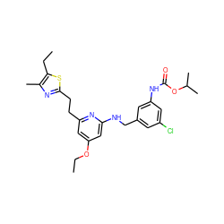 CCOc1cc(CCc2nc(C)c(CC)s2)nc(NCc2cc(Cl)cc(NC(=O)OC(C)C)c2)c1 ZINC000029468218