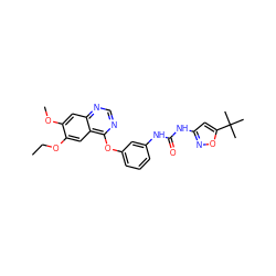 CCOc1cc2c(Oc3cccc(NC(=O)Nc4cc(C(C)(C)C)on4)c3)ncnc2cc1OC ZINC000072180814