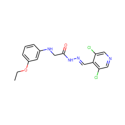 CCOc1cccc(NCC(=O)N/N=C/c2c(Cl)cncc2Cl)c1 ZINC000201289117