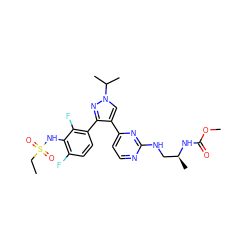 CCS(=O)(=O)Nc1c(F)ccc(-c2nn(C(C)C)cc2-c2ccnc(NC[C@H](C)NC(=O)OC)n2)c1F ZINC000148739623