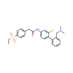 CCS(=O)(=O)c1ccc(CC(=O)Nc2ccc(-c3ccccc3CN(C)C)c(Cl)c2)cc1 ZINC000144519397